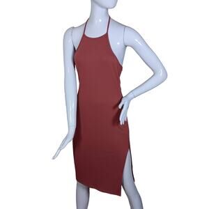 May Pink Bodycon Ribbed Dress Size Medium Halter Side Slit